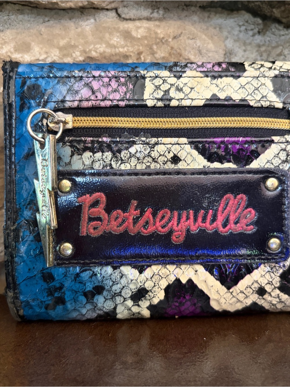 Betsey Johnson Betseyville Blue Purple Cream Snake-Print Wallet